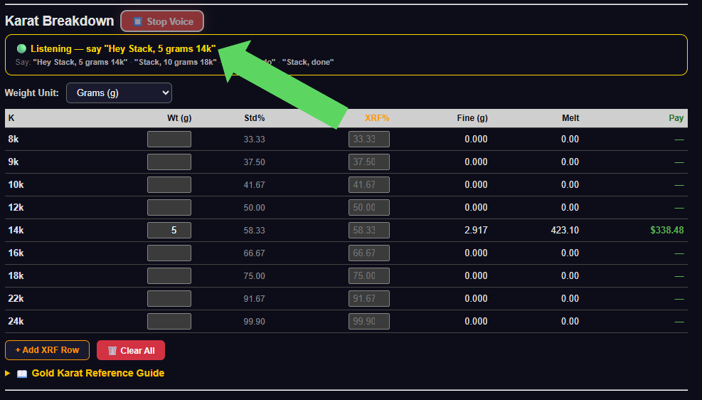 Voice input for hands-free gold weight entry at the buying counter